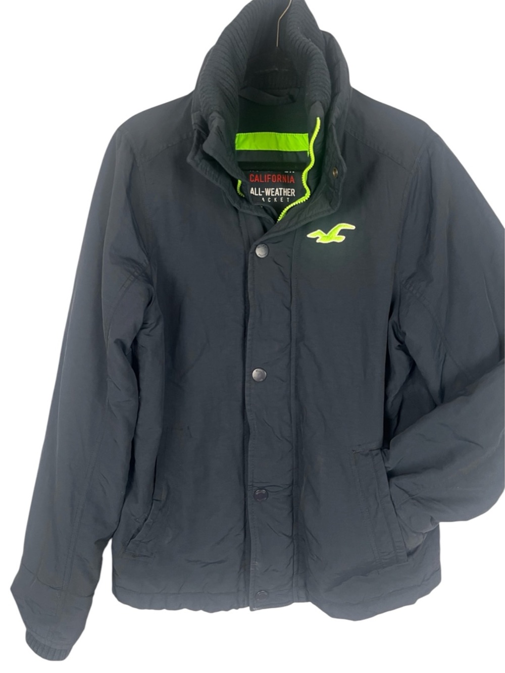 HOLLISTER Nylon All Weather Jacket Mens Medium Black Neon Green Bomber Y2K